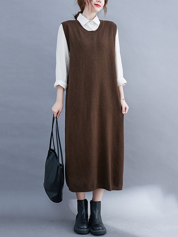 Vintage Solid Color Round-Neck Knitting Midi Sweater Dress