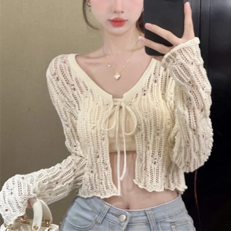 Toloer Toloer Thin Money Lace Up Sunscreen Outside Cardigan Long Sleeve Wear Jacket Hot Girl Hollow Out Knit Small Coat Female-Outfit Ideas