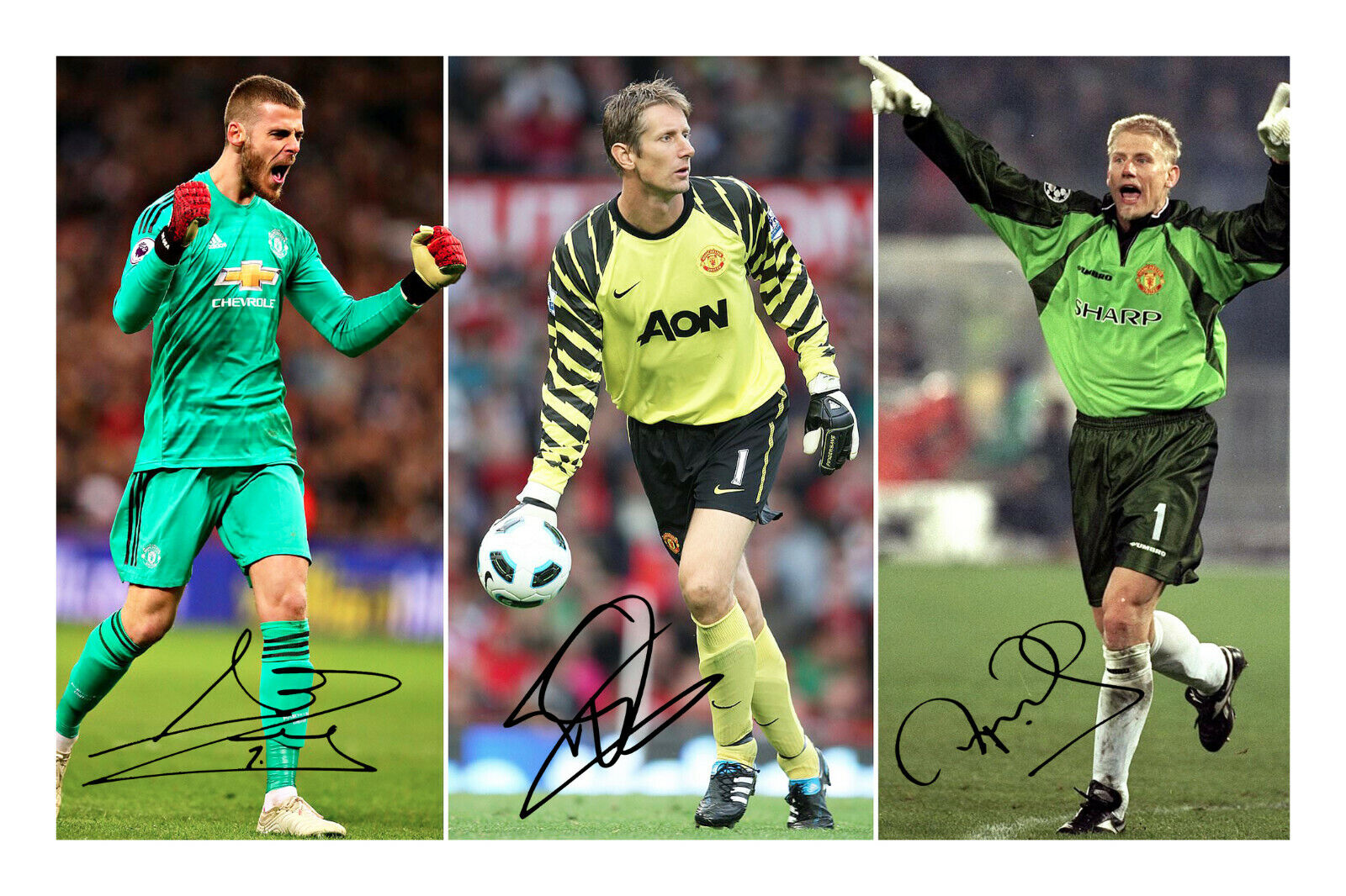 David De Gea Edwin Van Der Sar Peter Schmeichel Signed Print Manchester United