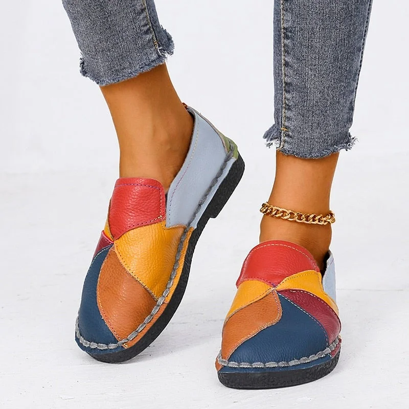 KAMUCC Women Loafers Patches Stitching Flat Shoes 2022 Woman Slip on Flats Soft Driving Shoes PU Leather Moccasins Loafers