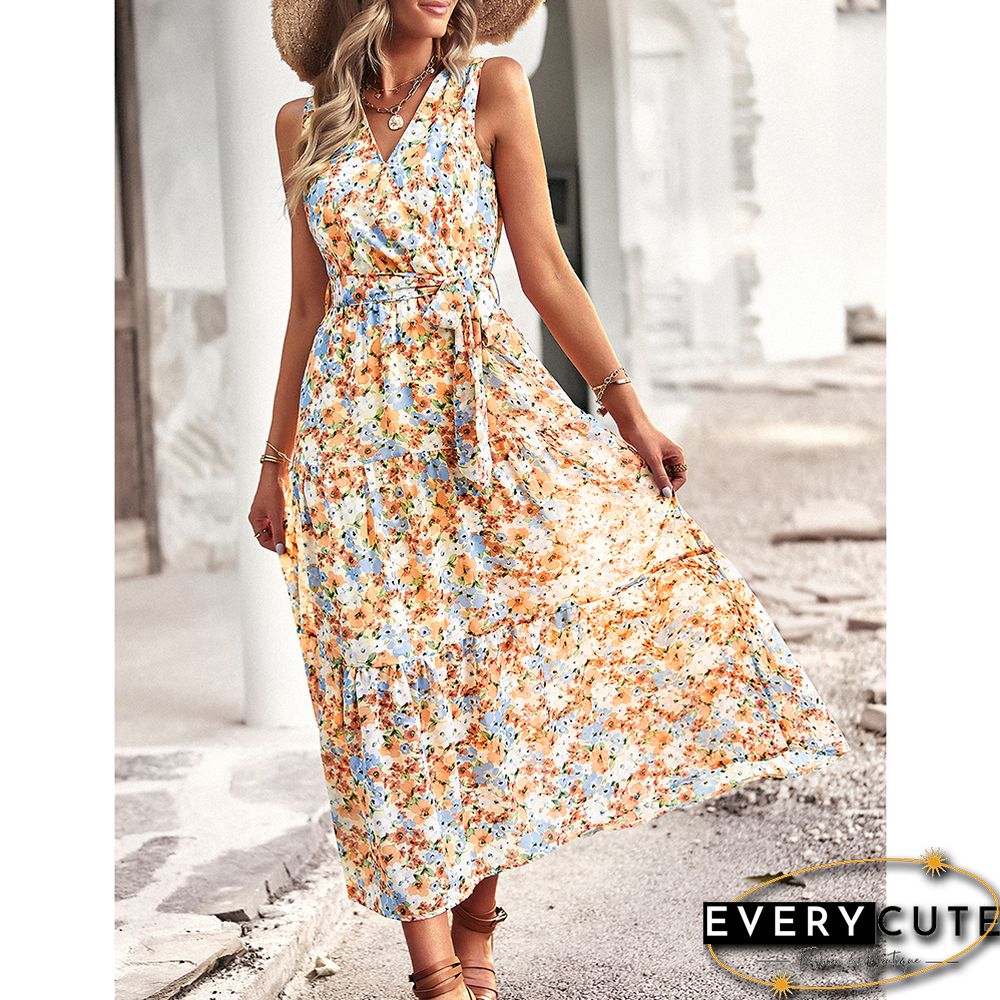 Yellow V Neck Sleeveless Ruffle Floral Dresses