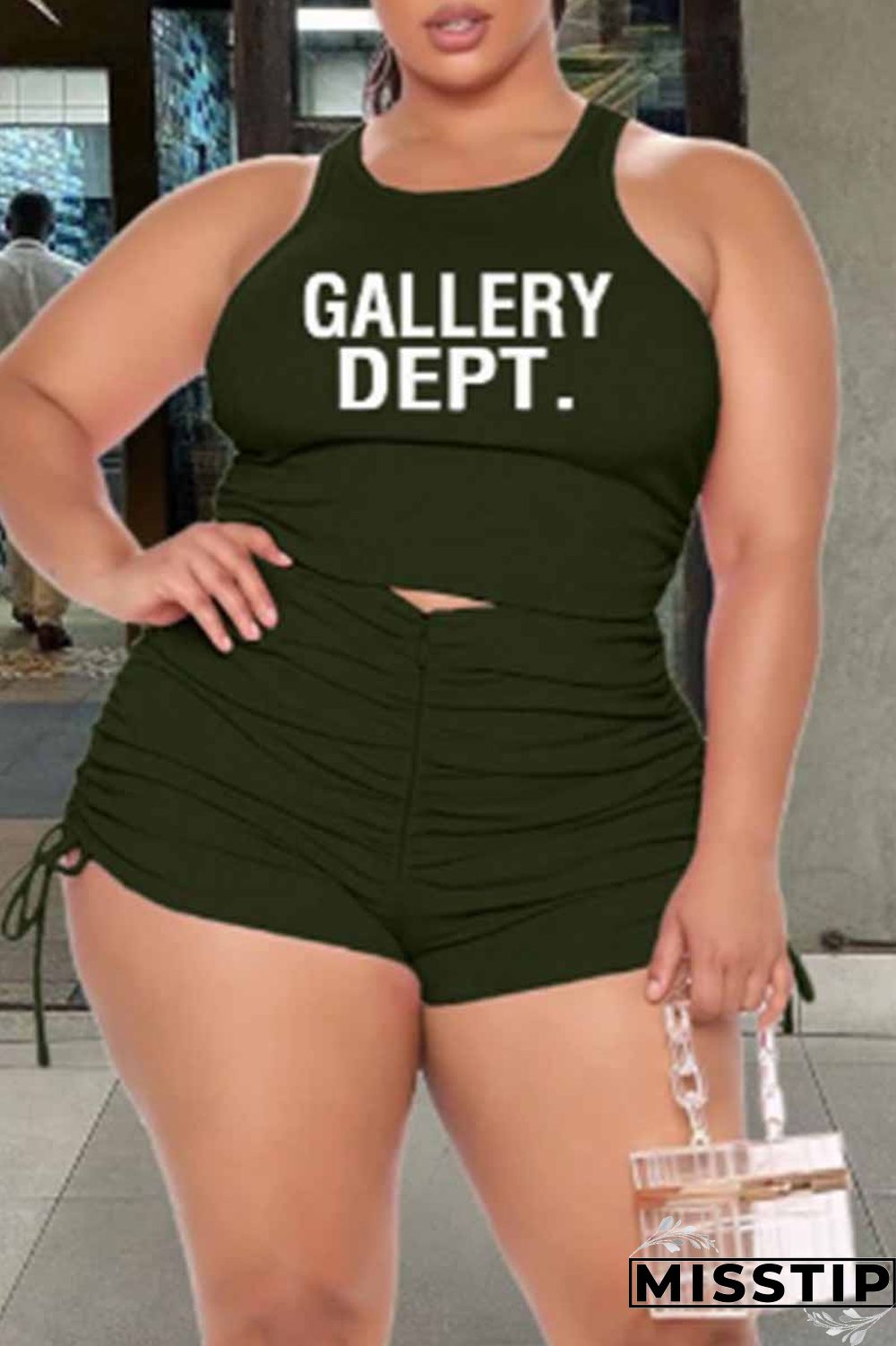 Green Sexy Print Fold Letter O Neck Plus Size Two Pieces