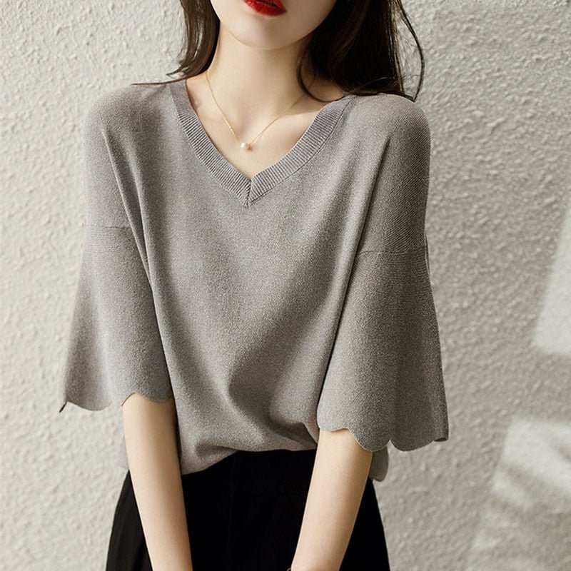 2021 Women's Summer Knitted Shirt Petal Sleeve V-neck Solid Tops Loose Short Sleeve Ice Silk Sweater Women Fashion Shirt 14799