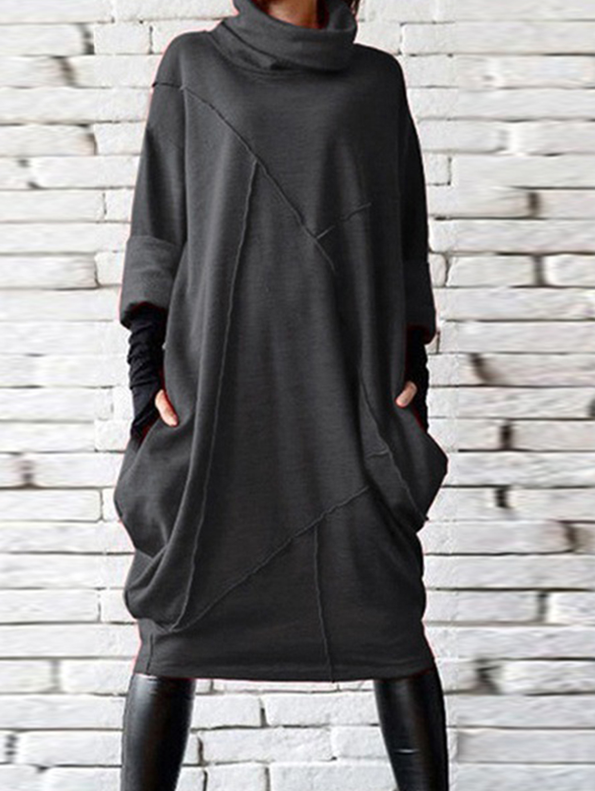 Solid Color Turtleneck Pocket Dress