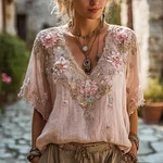 Pink Roses Embroidered V Neck Bohemian Linen T Shirt - Image 2