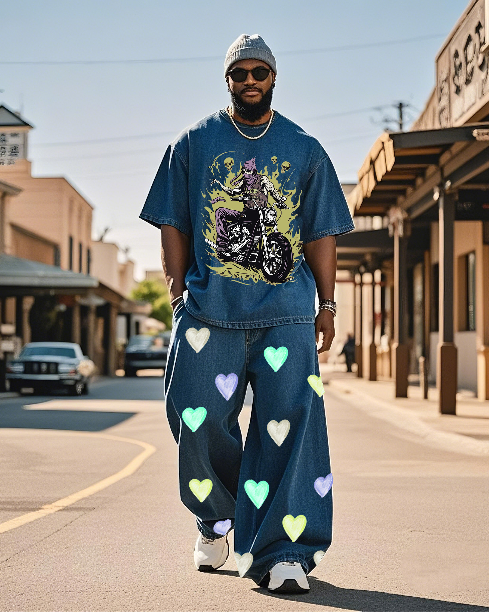 Plus Size Men's Western Style Retro Printed T-shirt Love Pants Denim Suit