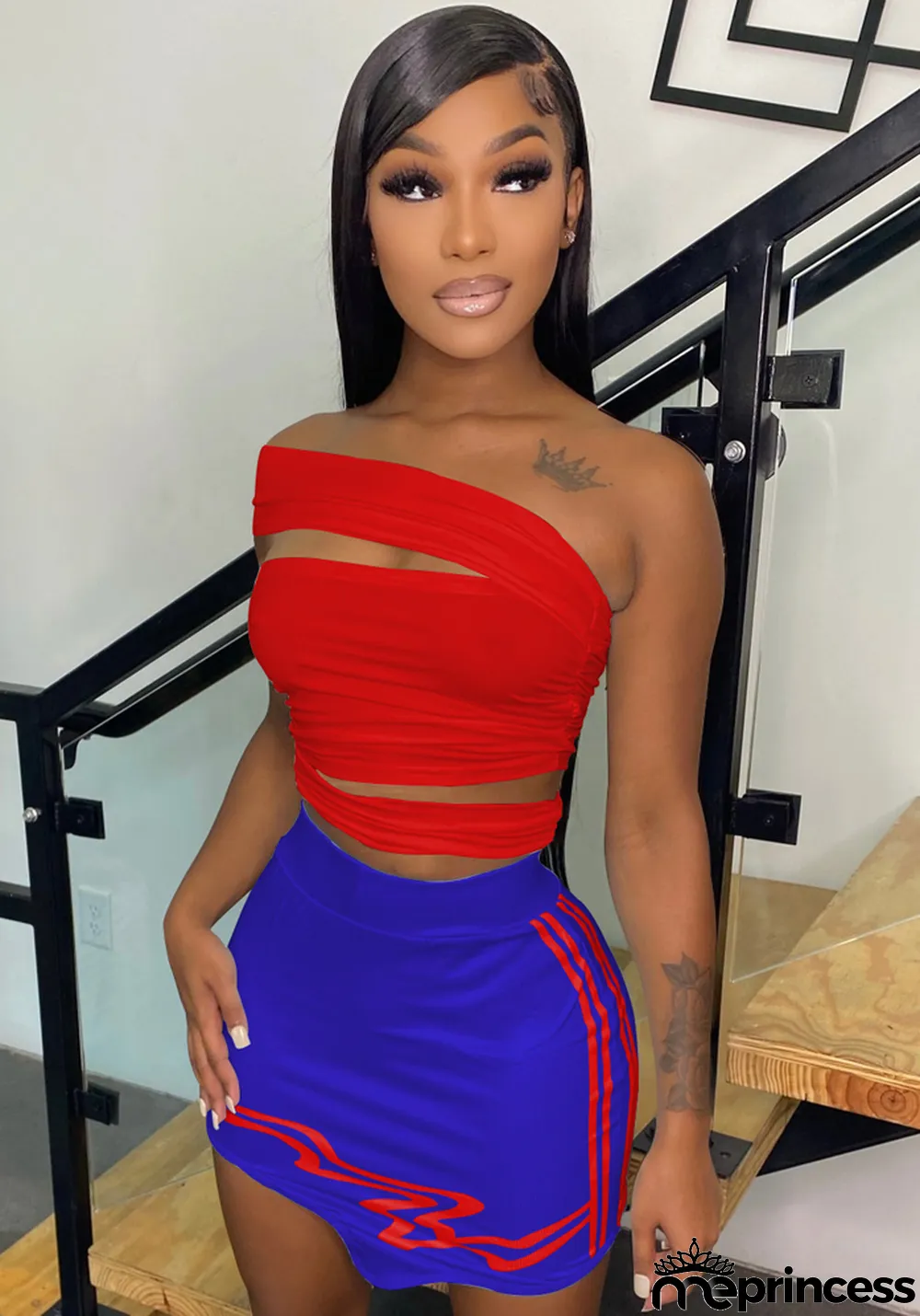 Women Summer Red Casual Slash Neck Sleeveless High Waist Striped Print Regular MiniTwo Piece Skirt Set