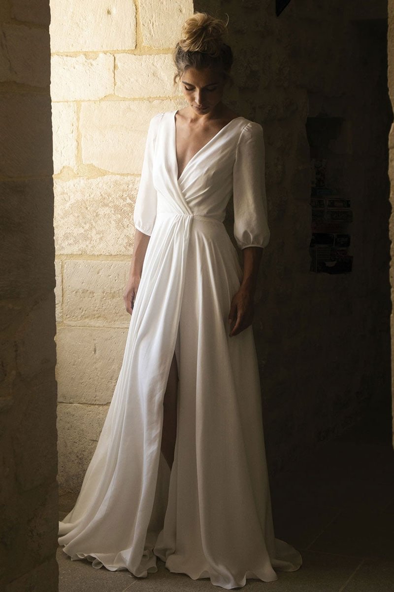 Half Sleeves V-Neck Wedding Dress PD0347