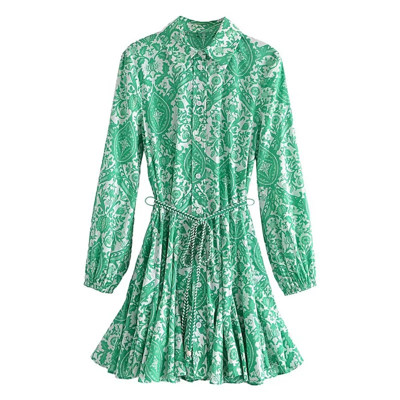 Jangj Green Paisley Floral Shirt Dress Fashion Women Long Sleeve Turn Down Collar Sashes Oversize Loose Mini Dresses Robe Vestidos