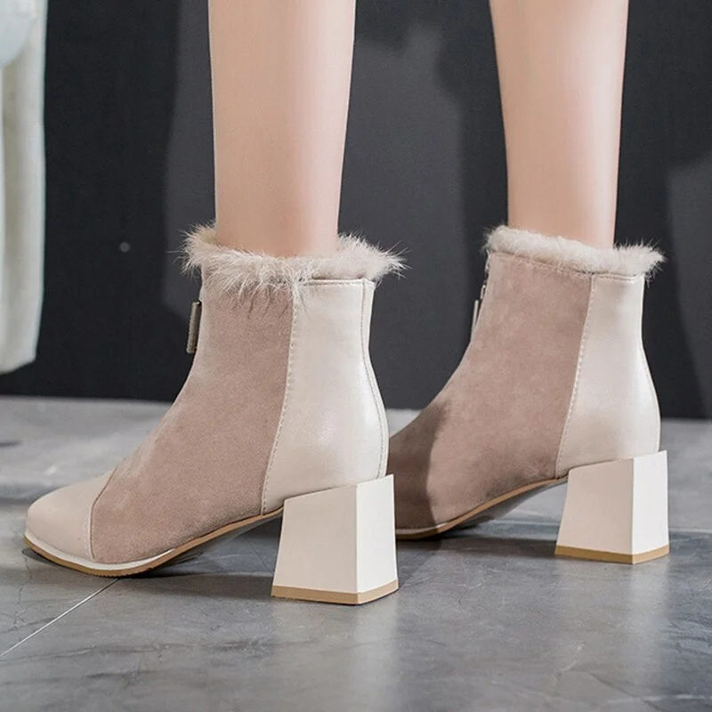 Fashion Women Boots Comfortable Plush Warm Fur Ladies Ankle Boots Elegant High Heels Solid Color Convenient Zipper Female Boots