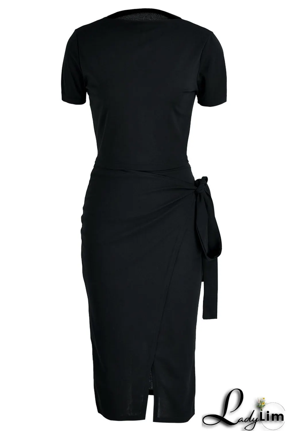 Black Celebrities Solid Bandage Patchwork Slit O Neck Short Sleeve Two Pieces