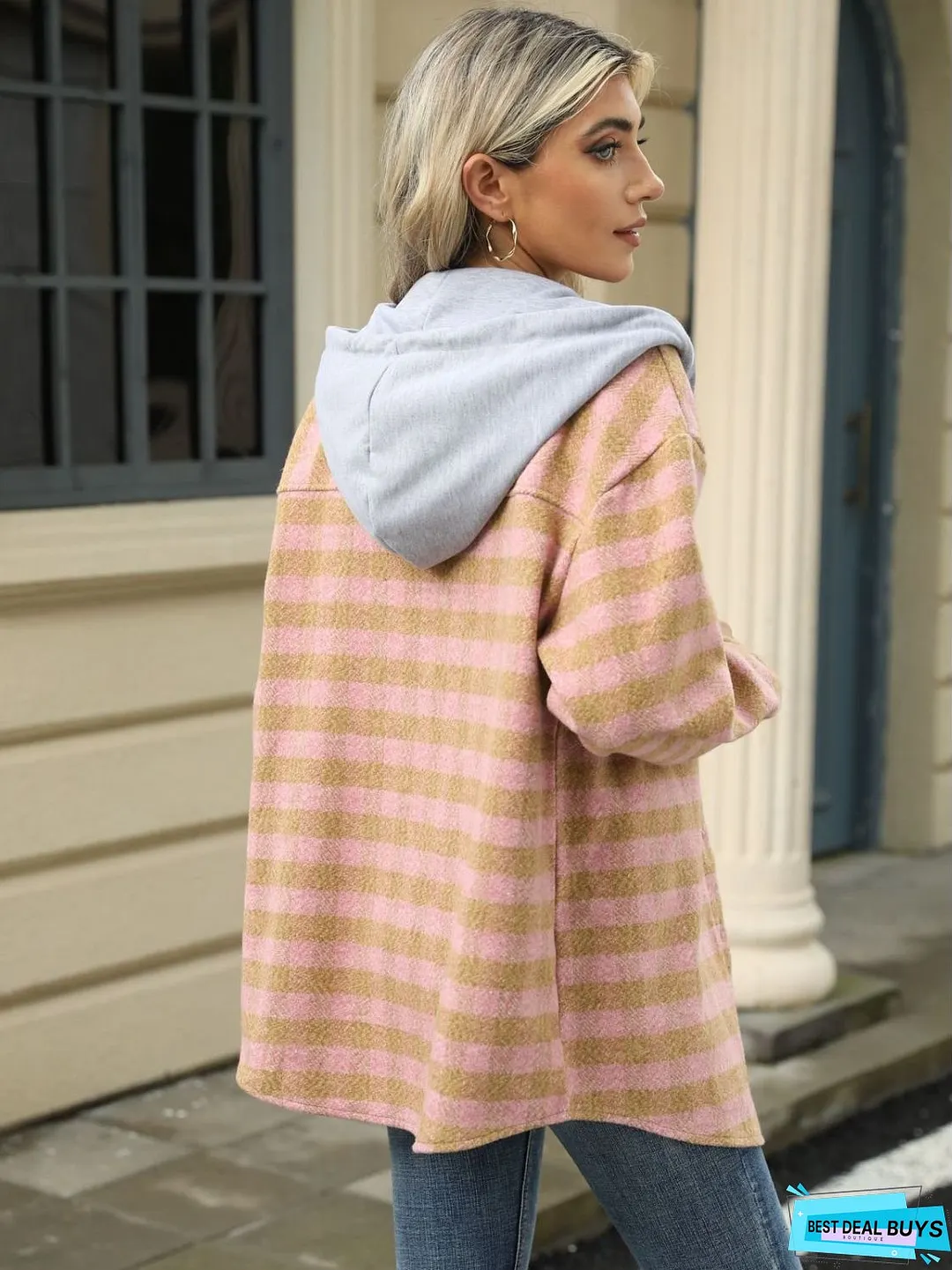 Drawstring Plaid Long Sleeve Hooded Jacket
