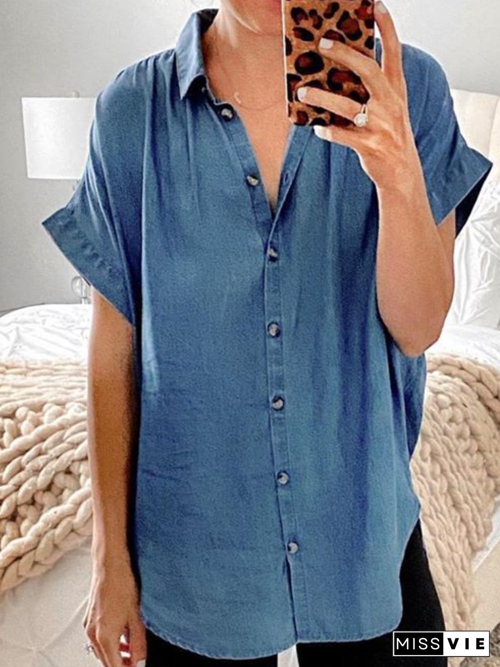 Blue Buttoned Short Sleeve V Neck Tops