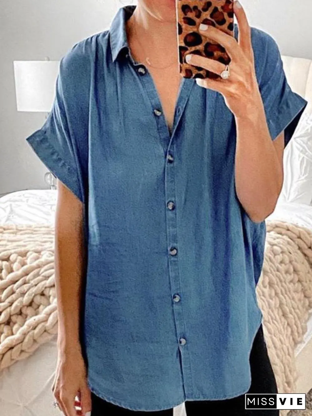 Blue Buttoned Short Sleeve V Neck Tops