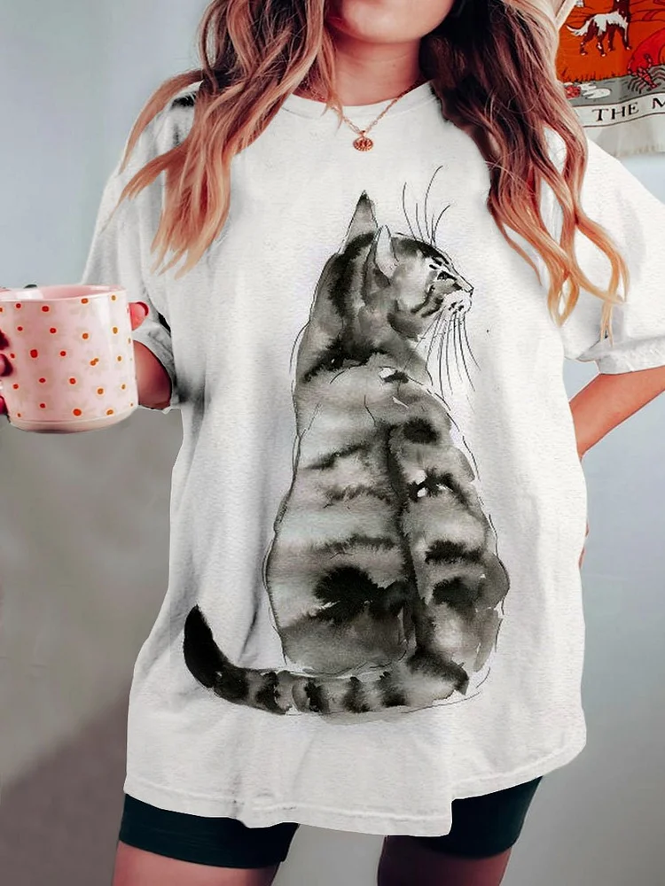 Women's Cat Art Print Crew Neck Causl Shirt