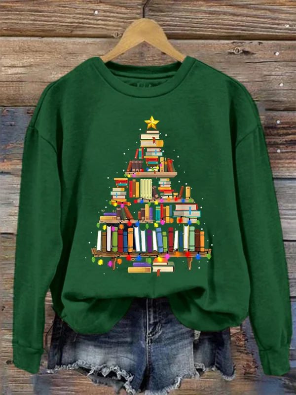 Women\'s Christmas Book Christmas Tree Printed Sweatshirt - BSRTRL0055