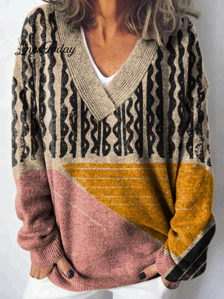 Abstract Print Art Knit V-Neck Pullover Sweater Multicolor / S