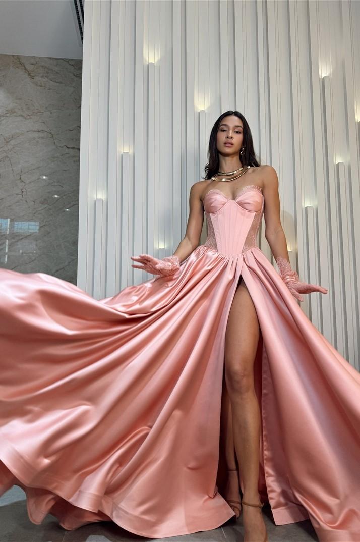 Lussooy Pink Satin Amazing Sleeveless Sweetheart Lace Split Prom Dress with Gloves  