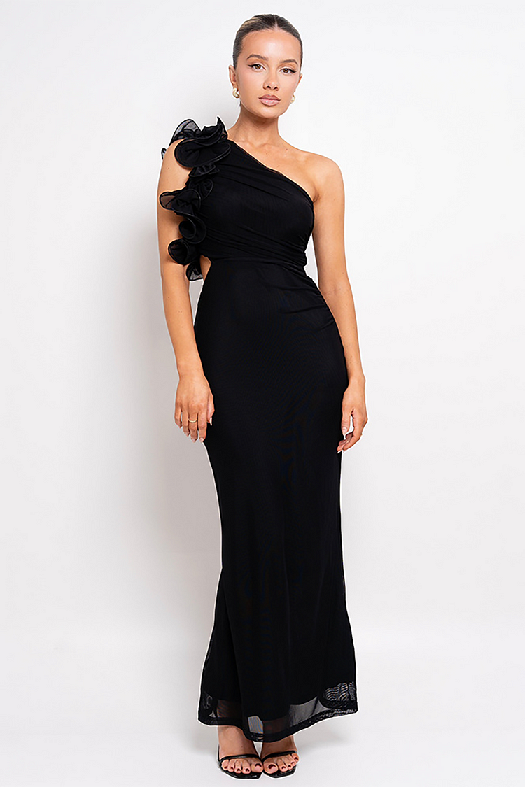 3D Flower One Shoulder Cutout Ruched Slim Fit Sleeveless Maxi Dresses-Green