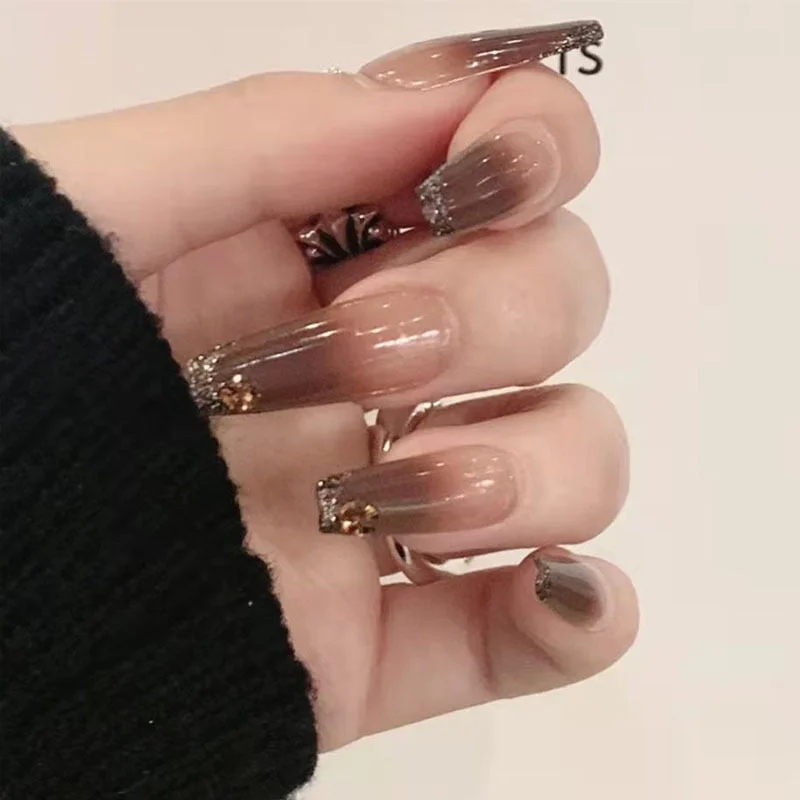 24pcs Fake Nails With Small Diamond Glue Type Long Paragraph Gradient Color Fashion Manicure Patch False Nails Press On Coffin D-Nail Inspo