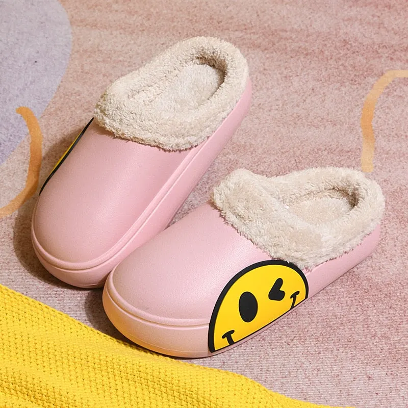FUNNY FUNKY 2021 Winter Women's Shoes EVA Faux Fur Non-slip Sole Fleece Sock Smiley Face Slipper Shoes For Women Couple Sandals