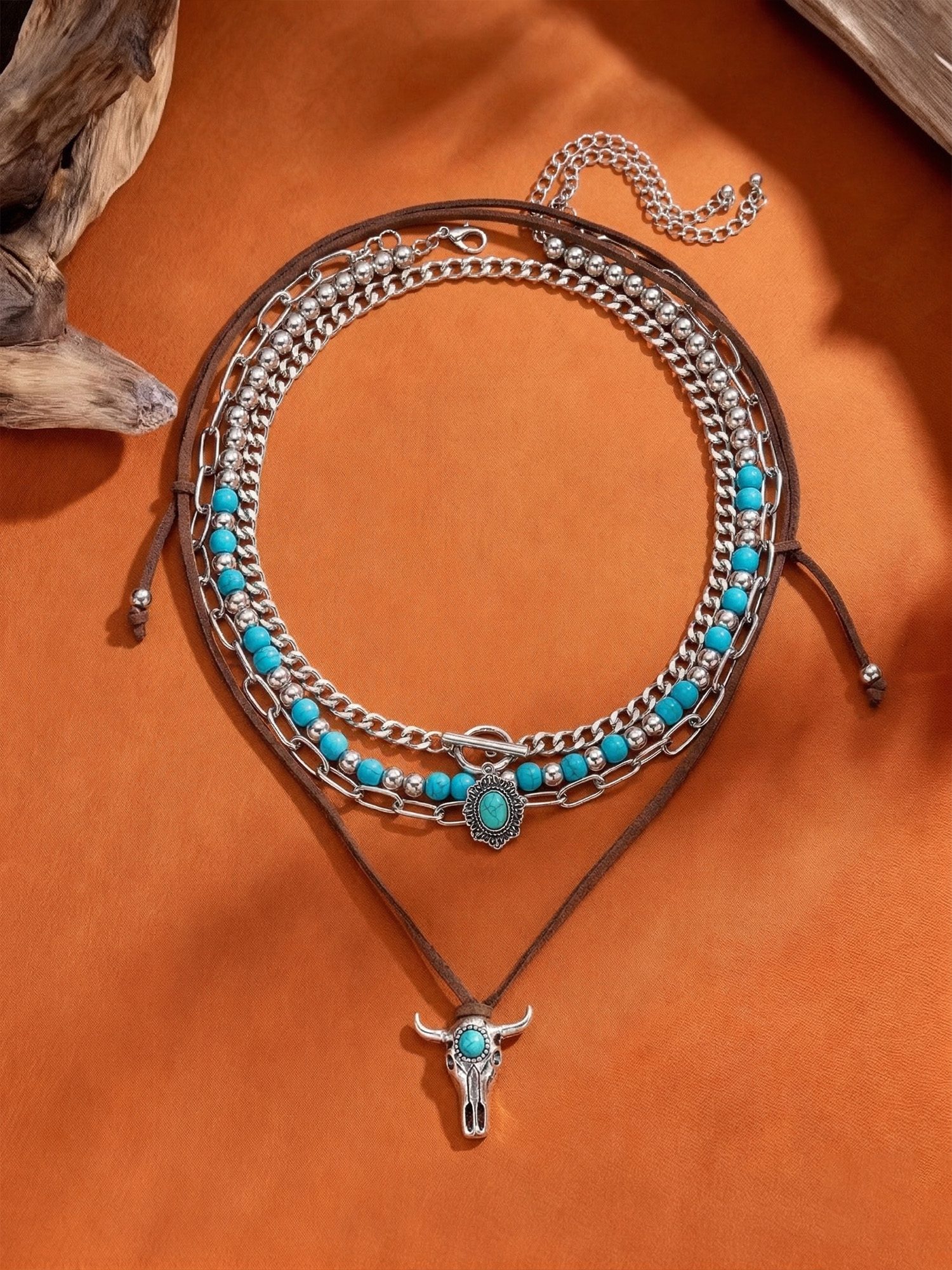 Ideal For Music Festivals Or Retro Shoots &mdash; Antique Silver Turquoise Beading & Bull Head Pendant Premium Titanium Steel Multi-Layered Stackable Necklace Set