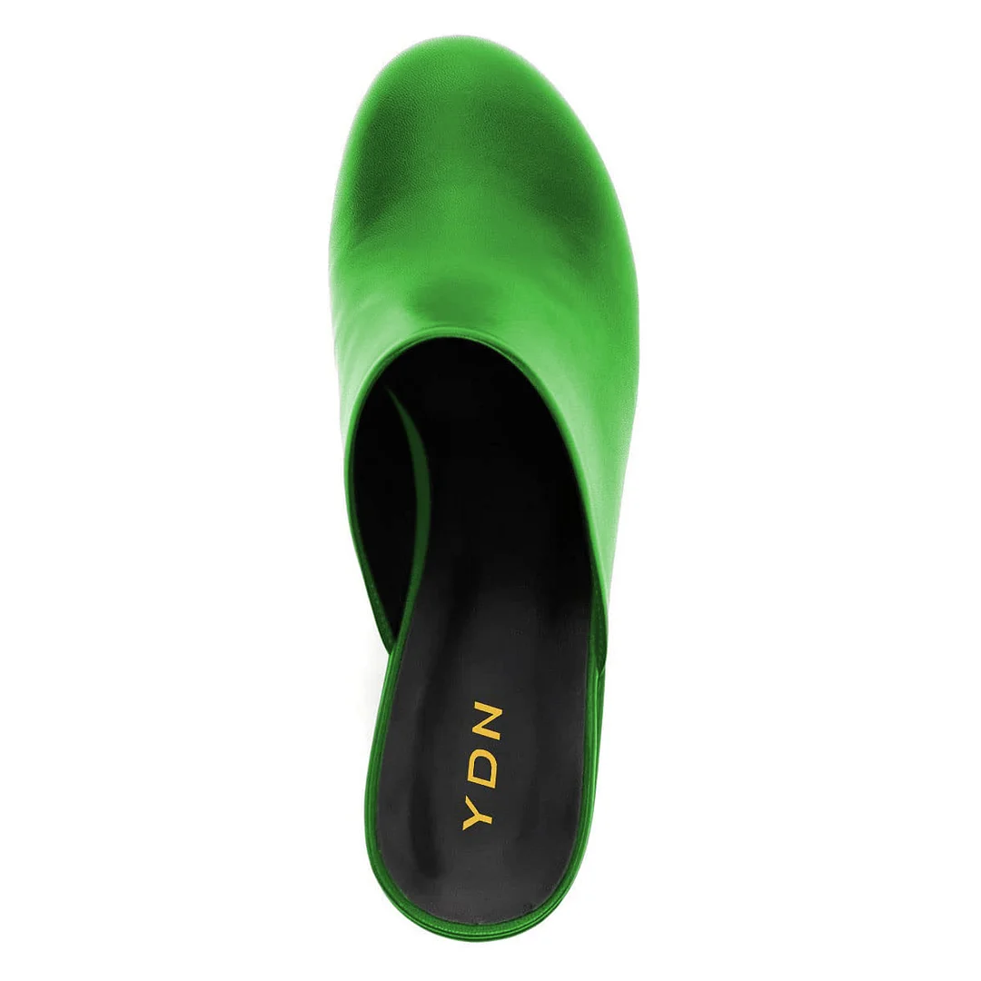 Classic Vegan Leather Round Toe Platform Block Heeled Mules in Green