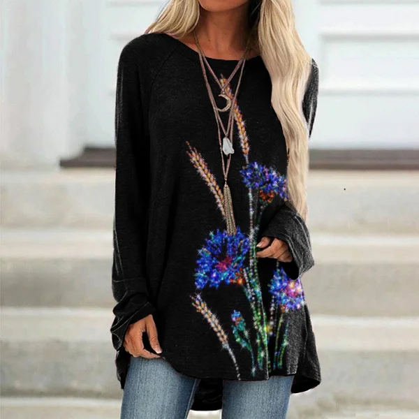 Floral Print Round Neck Casual Tunic