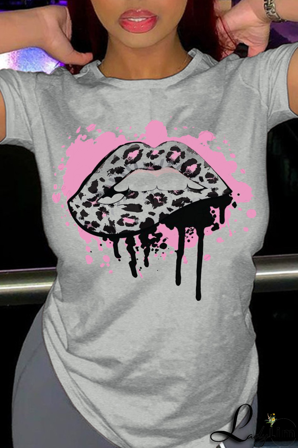 Black Fashion Street Lips Printed Split Joint O Neck T-Shirts