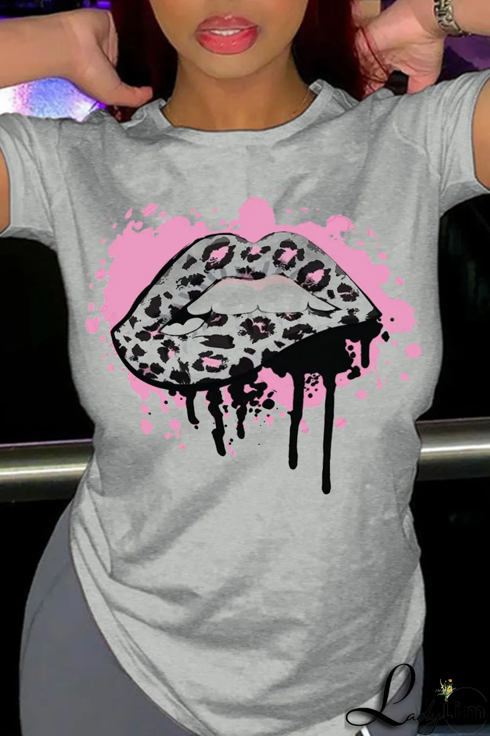 Black Fashion Street Lips Printed Split Joint O Neck T-Shirts