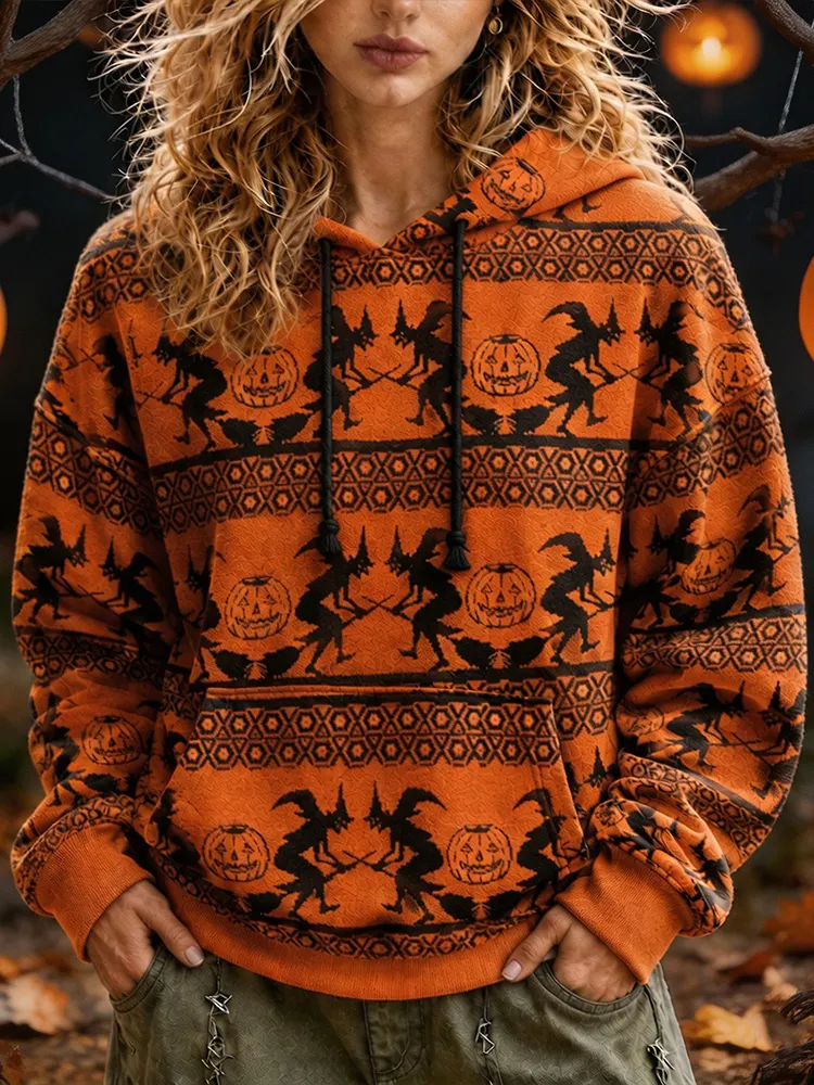 Comstylish Retro Autumn Halloween Witch Pumpkin Hooded Sweatshirt