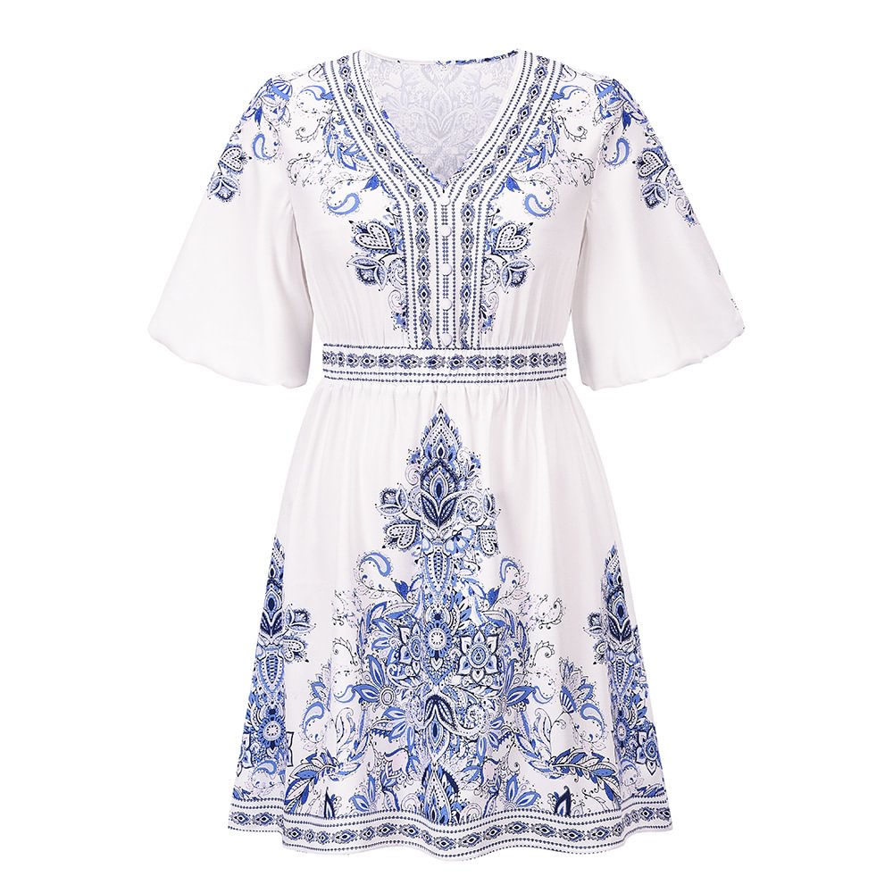 Lantern Sleeve Summer Retro Printed V-Neck White Dresses