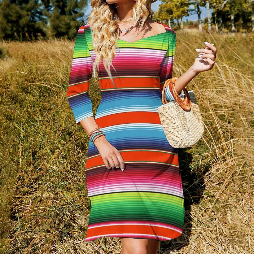 serape bridesmaid dress SFNEEWHO Traditional Spanish Fiesta Mexican Blanket Sweetheart Tie Back Flared 3/4 Sleeve Midi Dresses weddingseasonsale