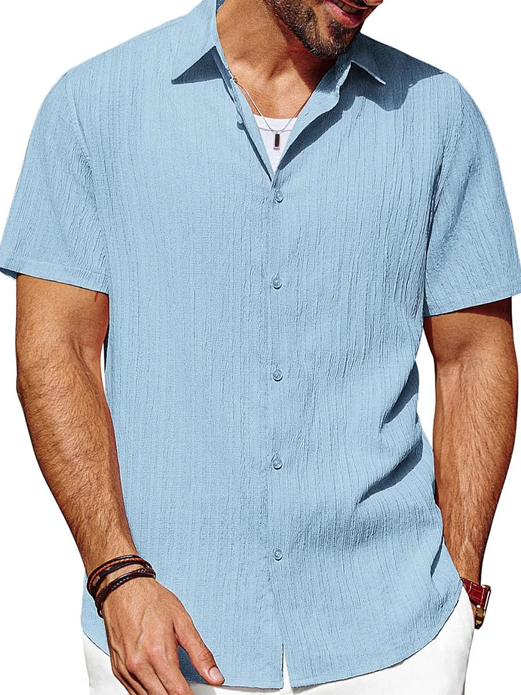 Men's Pleated Casual Button-Down Short Sleeve Shirt