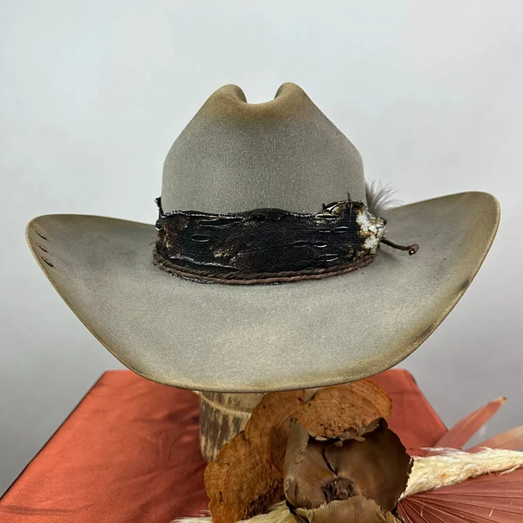 Western Ribbon Decor Distressed Wool Felt Cowboy Hat