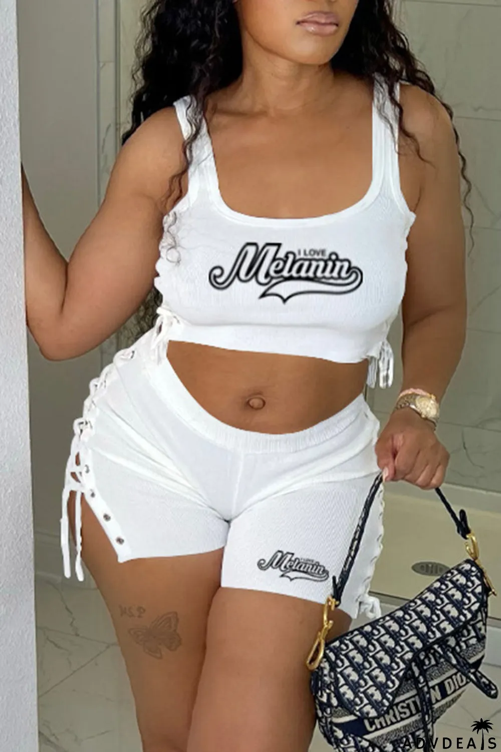 White Casual Print Bandage U Neck Sleeveless Two Pieces