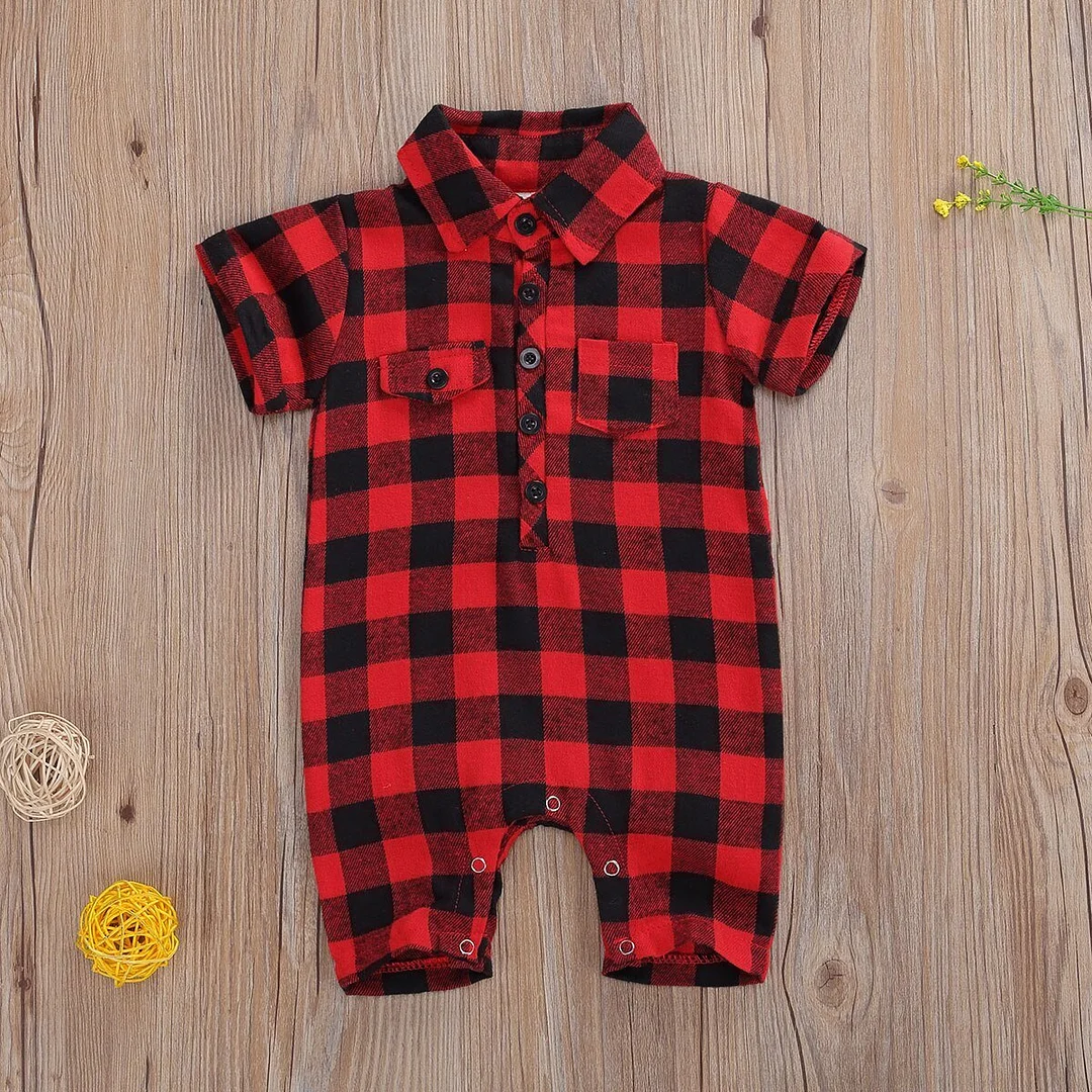 Newborn Infant Baby Short Sleeve Lapel Plaid Romper Fashion Short Sleeve Pocket Buttons Jumpsuits for Baby Girls Boys