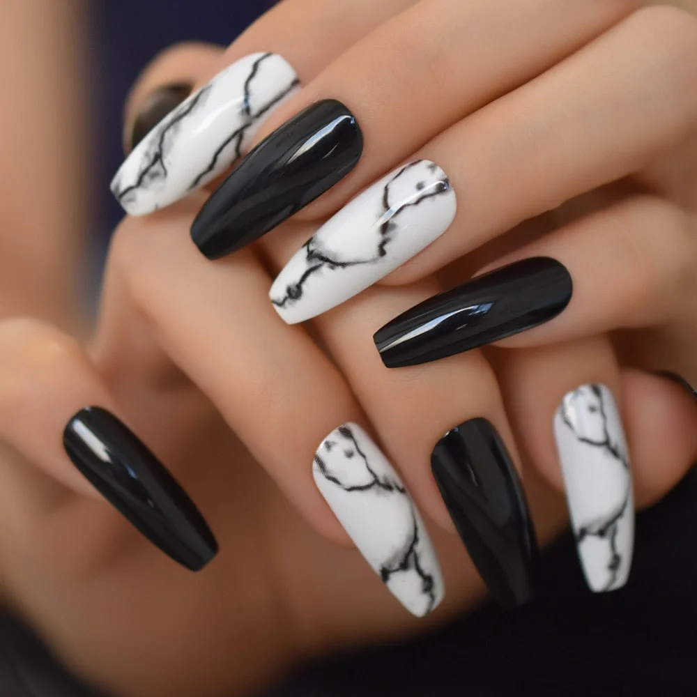 28pc Glossy Ballerina Coffin Long Fake Nail White Black Gradient Marble Black Pre Design Full Cover Press on False Nail Art Tips