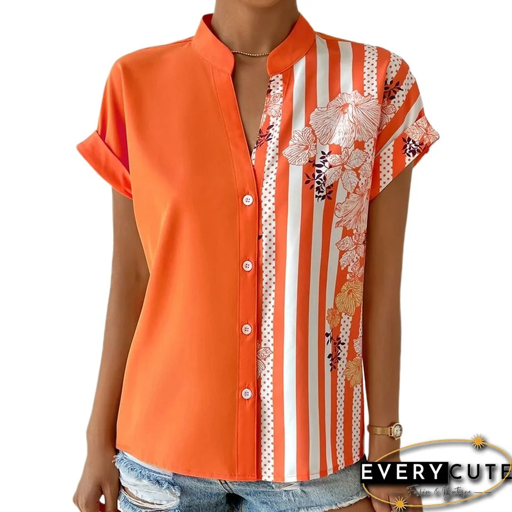 Orange Contrast Striped Print V Neck Button Shirt