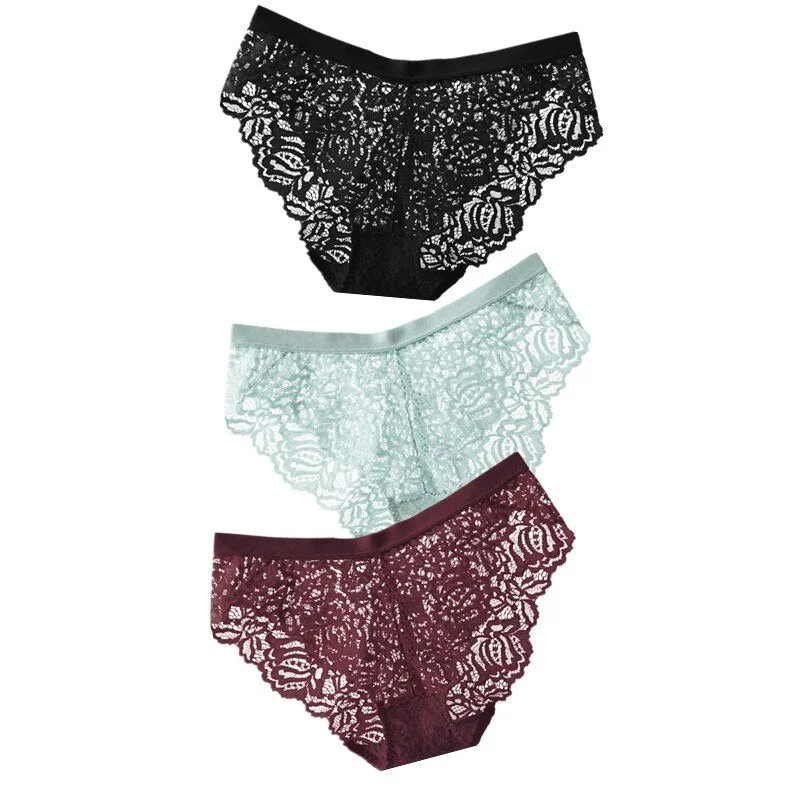 3PCS Sexy Lace Panties Soft Breathable Briefs Women Underwear Ladies Panty Transparent Low-Rise Underpants Lingerie Intimates XL