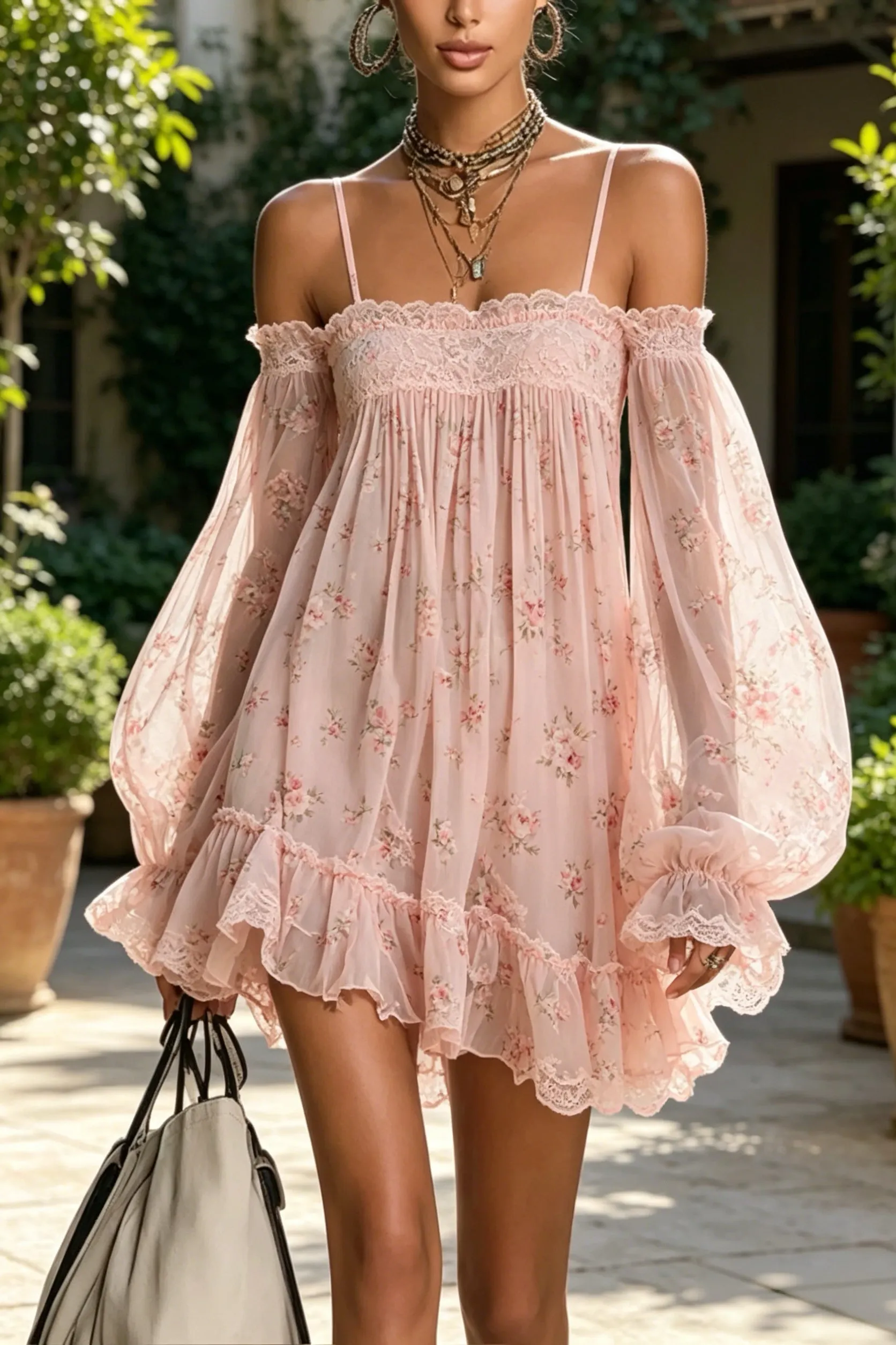 Women's Blush Pink Floral Off-the-Shoulder Lace Mini Dress