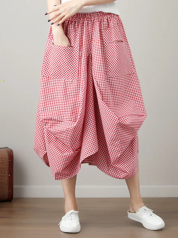 Elasticity Plaid Pleated Pockets High Waisted Irregularity Skirts