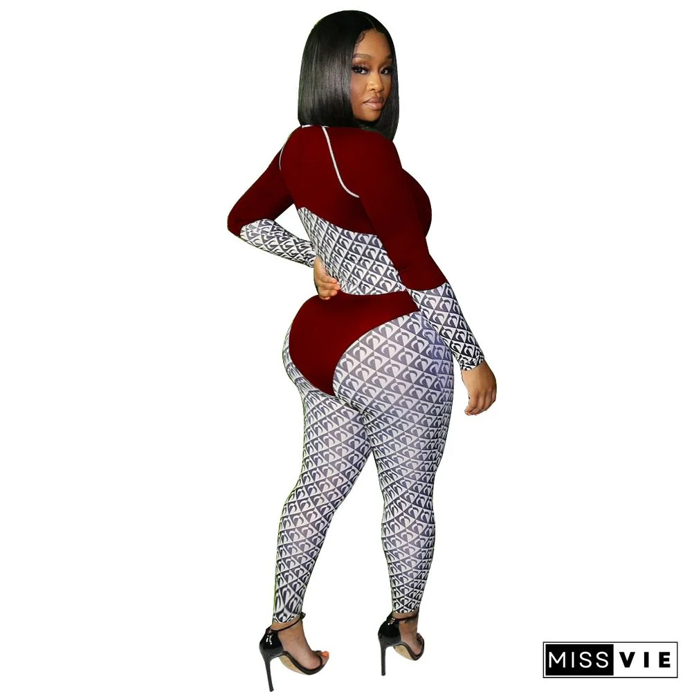 Patchwork Print O Neck Long Sleeve Bodycon Jumpsuit