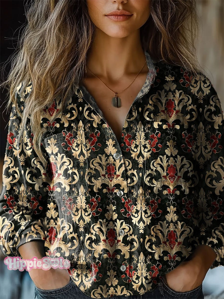 Women’s Retro Flowers Print Casual Long Sleeve Comfortable Cotton Shirt Multicolor / S
