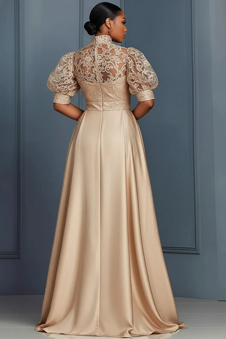 Xpluswear Design Plus Size Formal Satin Champagne Stand-Up Collar Puff Sleeve Short Sleeve Pocket With Skirt Overlay Lace Jumpsuits [Pre-Order]