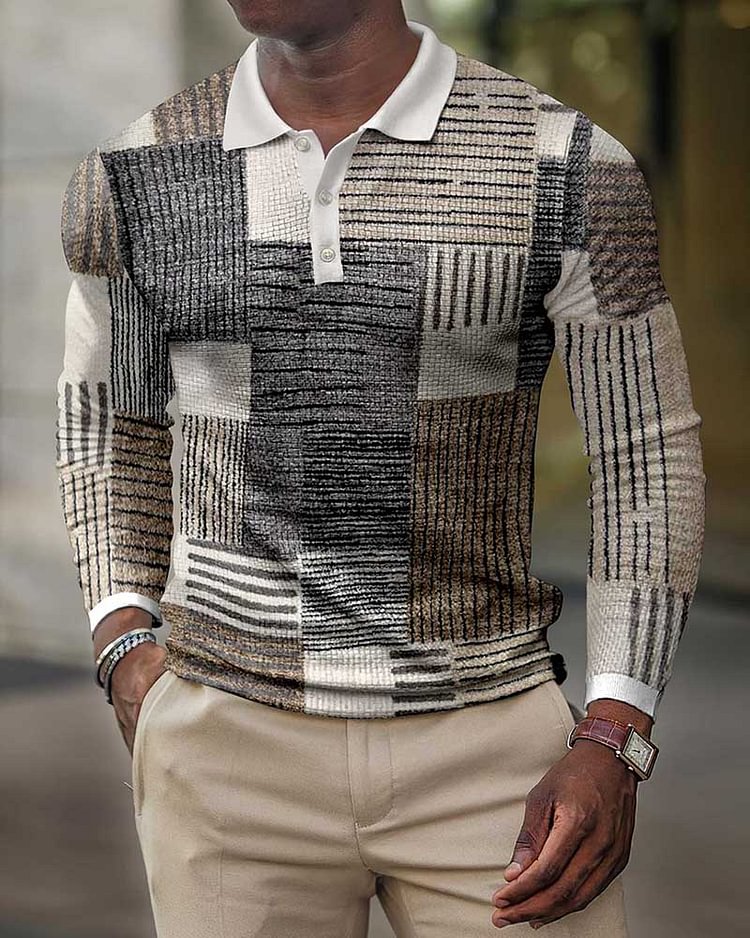 Men's geometric pattern retro casual polo shirt