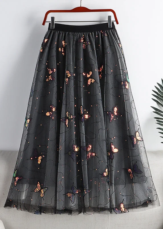 Casual Black Embroideried Sequins Layered Tulle A Line Skirt Summer