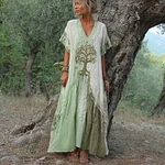 Women's Retro Tree Of Life Art Patchwork Short Sleeve Dress - Image 4