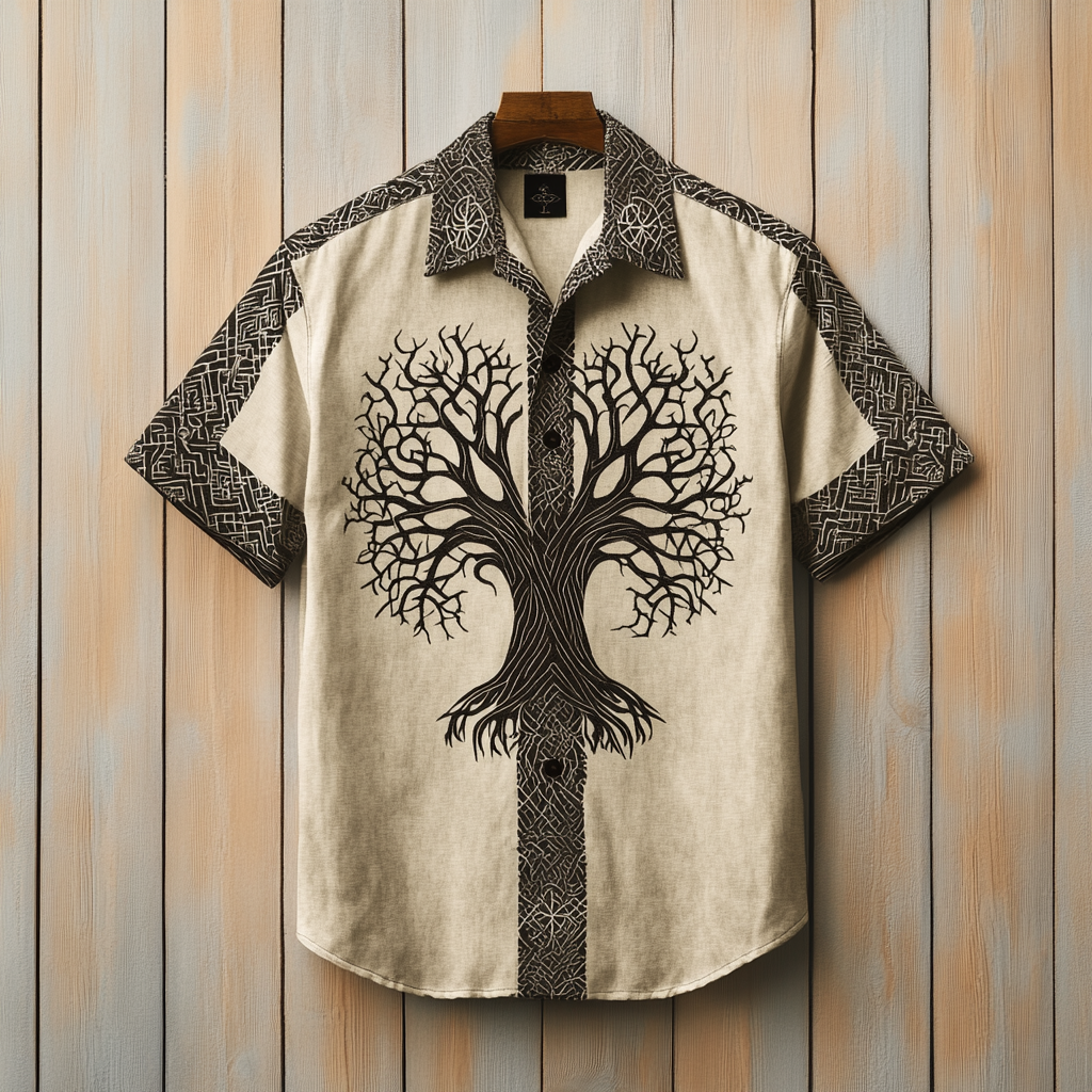 Viking Tree Of Life Mythology Art Men's Hawaiin Linen Shirt / Rvogue / Rvogue