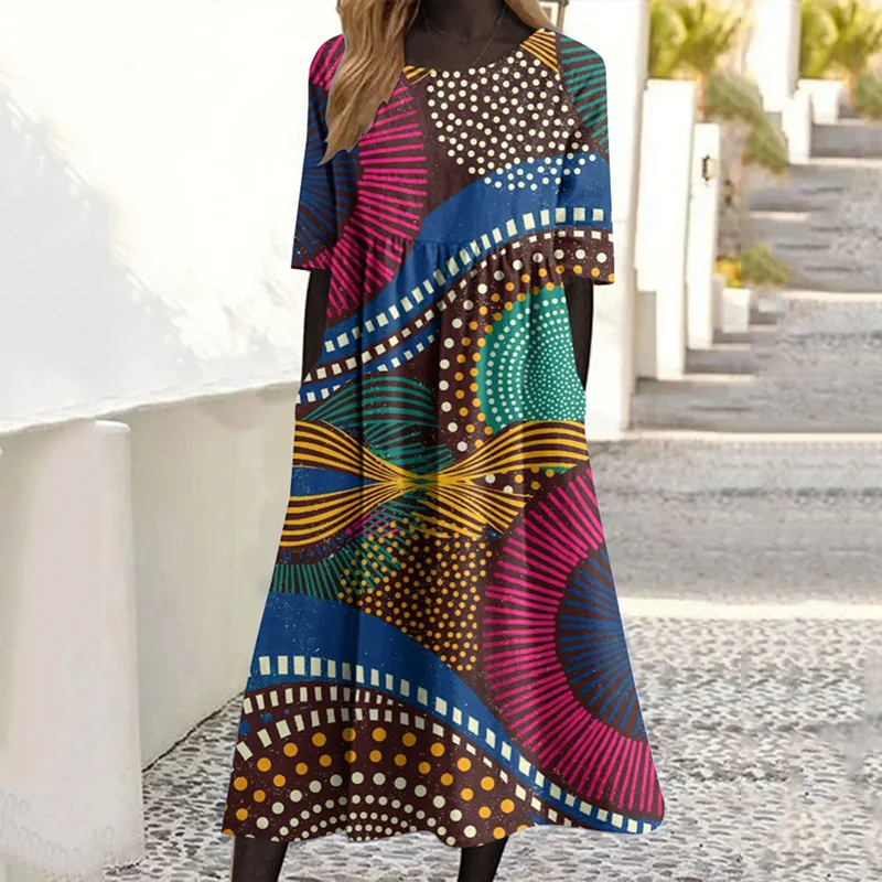 African Geometric Art Graphic Linen Blend Maxi Dress